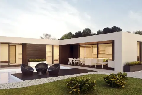 Moderne Fertighaus Beispiele mit Pool und Terrasse. Ein stilvolles Haus mit großen Glasflächen und minimalistischem Design.