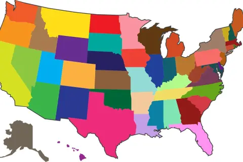 Kolorowa mapa USA pokazuje, ile jest stanów w USA. Każdy stan ma inny kolor.