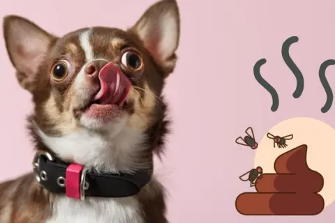 Chihuahua con la lengua afuera, lamiéndose los labios, junto a una pila de excremento con moscas. ¡Qué asco!