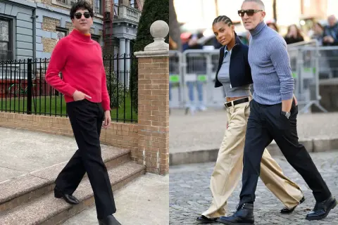 Mann in pinkem Rollkragenpullover und schwarzer Hose, daneben ein Paar in lässigem franzosen style.