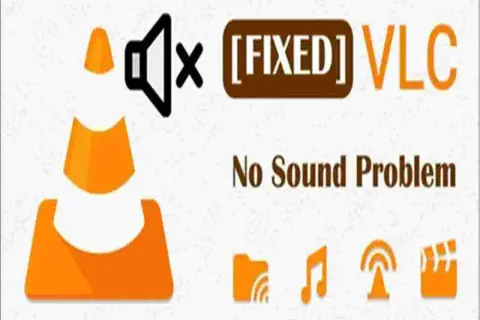 VLC no sound problem fixed. The image shows the VLC logo with a muted speaker icon and text indicating a solution for no sound issues.