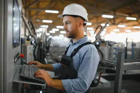 Pracownik w białym kasku obsługuje panel sterowania, wprowadzając dane do systemu. Optymalizacja procesów produkcyjnych dzięki **lean manufacturing**.