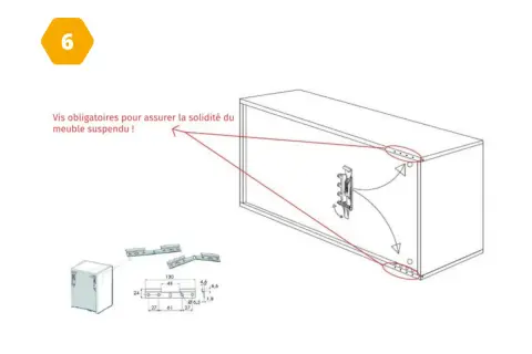 Schéma montrant comment fixer un meuble suspendu au mur avec des vis pour garantir sa solidité. Des mesures sont indiquées.