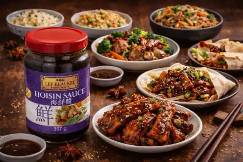 En burk Lee Kum Kee Hoisin Sauce står framför en festmåltid med asiatiska rätter. Glasnudlar, kycklingvingar och anka i pannkakor är några av de läckra rätterna.