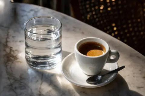Tazzina di caffè espresso su piattino con cucchiaino e bicchiere d'acqua. La cremosità suggerisce un'alta percentuale di caffeina nel caffè.