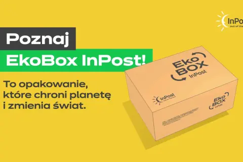 Eko paczka InPost to opakowanie, które chroni planetę. Na żółtym tle widoczny karton z logo EkoBox InPost.