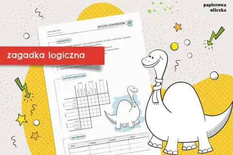Urocza grafika z dinozaurami i tabelą do rozwiązania zagadki logicznej dla dzieci.