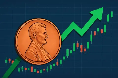 Moneta z wizerunkiem Abrahama Lincolna na tle wykresu giełdowego z zieloną strzałką w górę. Obrazek ilustruje, czym są akcje groszowe.