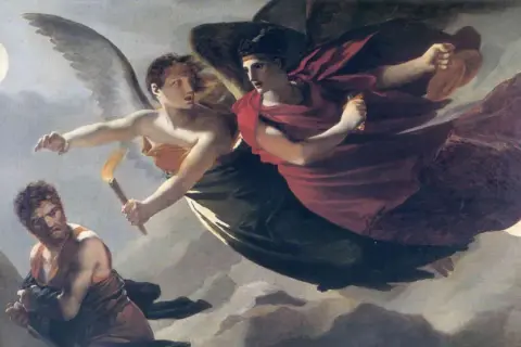 Deux figures ailées célestes, l'une tenant une torche, semblent descendre vers un homme en contrebas, symbolisant la justice de Dieu.