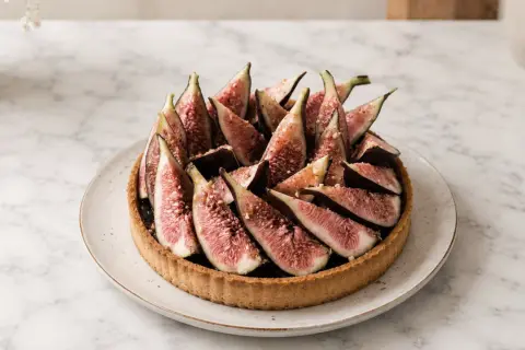Tarte aux figues fraîchement préparée, garnie de quartiers de figues rouges et d'une touche de noix concassées. Un délice visuel et gustatif.