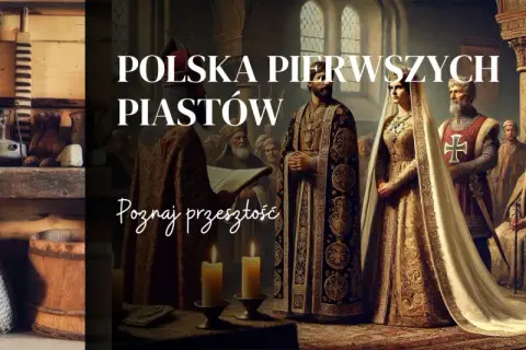 Obraz przedstawia scenę z czasów pierwszych Piastów, ukazując początki państwa polskiego.