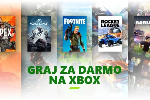 Graj za darmo na Xbox! Zobacz okładki gier: Apex Legends, Warframe, Fortnite, Rocket League i Roblox.