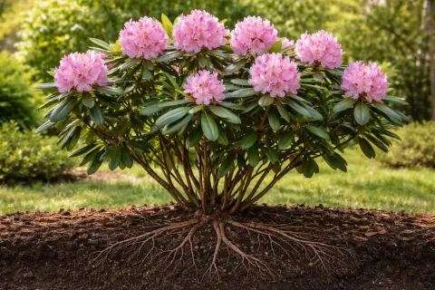 Un rododendro de hoja perenne florece con racimos de flores rosadas. Sus raíces se extienden por la tierra fértil.