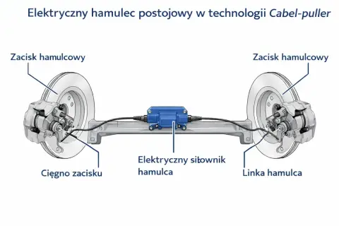 Schemat elektrycznego hamulca postojowego: zaciski hamulcowe, cięgno, linka i elektryczny siłownik hamulca.