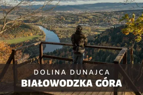 Widok z **Białowodzkiej Góry** na meandrującą rzekę Dunajec i jesienne krajobrazy.
