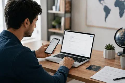 Mężczyzna pracuje przy laptopie, trzymając telefon. Na biurku leży paszport, dokumenty i globus. Może sprawdza swój numer SWIFT.