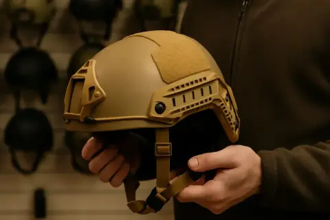 Manos sostienen un casco de combate táctico color arena, con rieles laterales y velcro para accesorios.