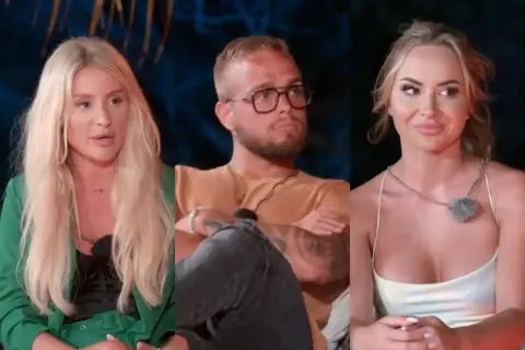Trzy osoby z Hotel Paradise All Stars: blondynka w zielonej marynarce, mężczyzna w okularach i brązowej koszulce, oraz blondynka w białej sukience.