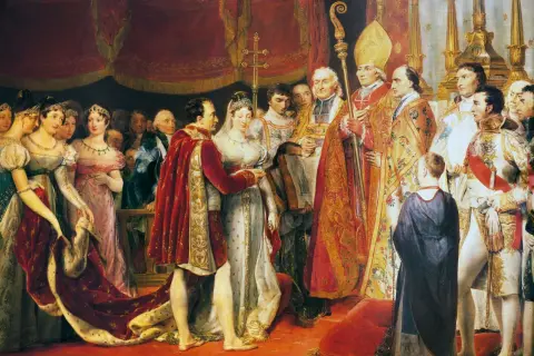 Le couronnement de Napoléon et Marie-Louise, entourés de dignitaires et de la famille impériale.