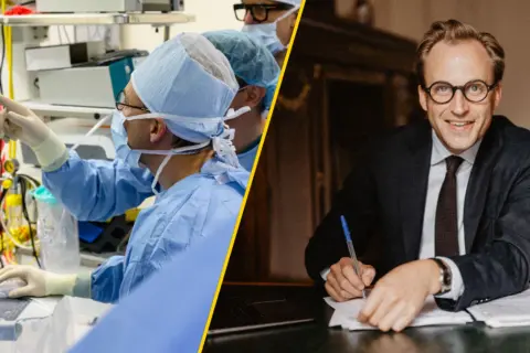 Chirurdzy analizują obraz medyczny, podczas gdy biznesmen w garniturze pisze. To pokazuje, jak rokowania co to, czyli prognozy, są ważne w medycynie i biznesie.