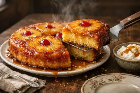 Un gâteau ananas grand-mère fumant, avec une part servie sur une pelle, dégoulinant de caramel. Une touche de cerise sur chaque tranche d'ananas.
