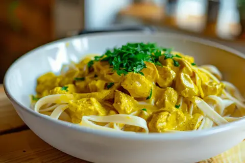 En skål med krämig kycklingcurry pasta, toppad med färsk persilja. En härlig och smakrik rätt.