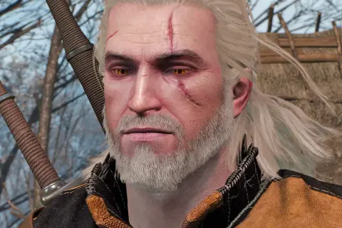 Geralt z Rivii, bohater Wiedźmin 3, z bliznami na twarzy i mieczem za plecami, wygląda jakby szykował się na kolejną przygodę.