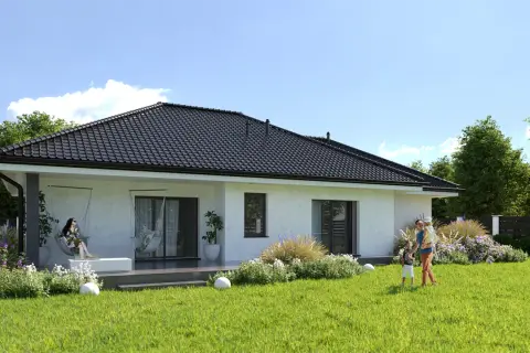 Marzysz o domu? Sprawdź, ile kosztuje budowa domu 150m2. Rodzina cieszy się ogrodem przy nowoczesnym domu.
