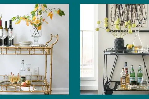 Elegant bar cart decor ideas: a gold bamboo cart with fall leaves and a modern black cart with abstract art.
