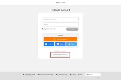 Strona logowania Nintendo. Kliknij "Create a Nintendo Account", aby dowiedzieć się, jak założyć konto na Nintendo Switch.