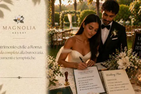 Coppia felice firma i documenti per sposarsi in comune a Roma, con una guida alla burocrazia e tempistiche.