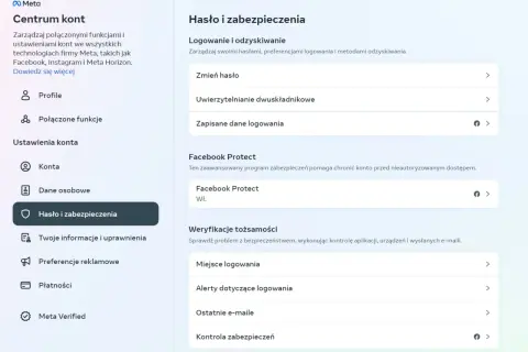 Ustawienia "Hasło i zabezpieczenia" konta Meta. Dowiedz się, jak założyć hasło na Messengera, zmieniając je lub włączając uwierzytelnianie dwuskładnikowe.