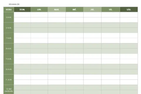 Plantilla calendario semanal en blanco con horas y días de la semana para organizar tu tiempo.