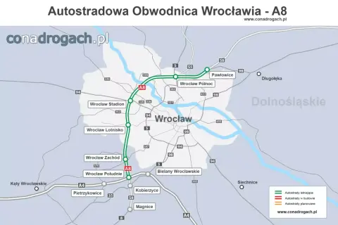 Mapa Autostradowej Obwodnicy Wrocławia - A8, pokazująca istniejące i planowane odcinki dróg wokół miasta.