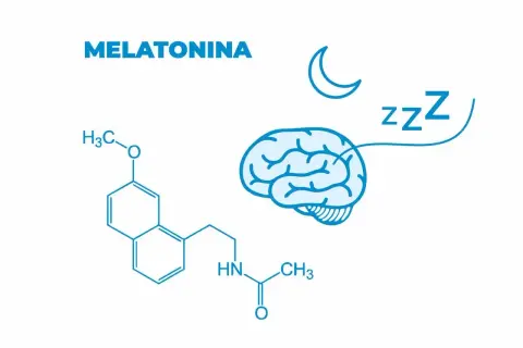 Melatonina, hormon odpowiedzialny za sen, przedstawiona jako wzór chemiczny i symbol mózgu z księżycem i literami "zzz".