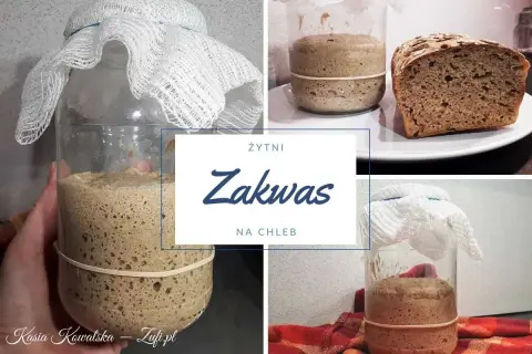 Szybki zakwas na chleb w słoiku, gotowy do pieczenia. Obok kromka pysznego, domowego chleba żytniego.