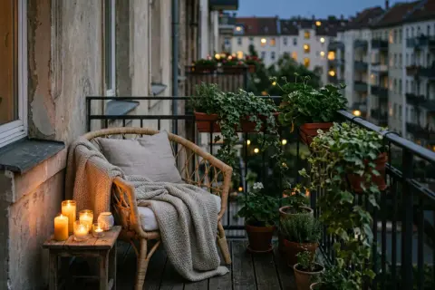 Przytulny balkon z wiklinowym fotelem, kocem i poduszką. Kilka świec tworzy ciepły blask, idealny pomysł na oświetlenie balkonu. W tle widać miasto nocą.