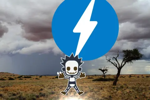 Un personnage squelettique sous un éclair bleu, symbole de jQuery, dans un paysage désertique orageux.