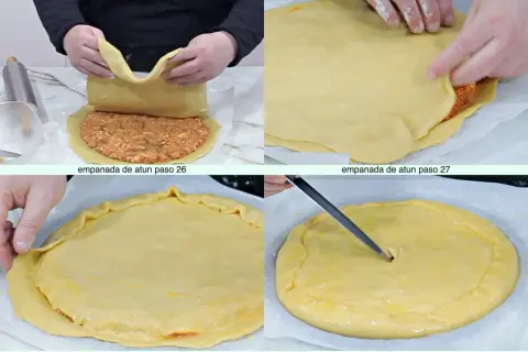 Manos cubriendo un relleno con masa empanada, creando una deliciosa empanada.