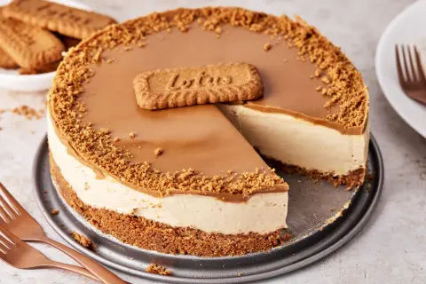 Ein cremiger Lotus Cheesecake mit Karamellglasur und Keksbröseln, dekoriert mit einem Lotus-Keks.
