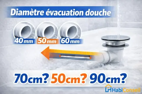 Le diamètre d'évacuation douche est crucial. L'image montre des options de 40mm, 50mm, 60mm et des questions sur 70cm, 50cm, 90cm.