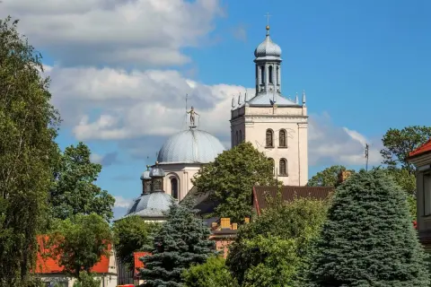 Majestatyczna fara w Grodzisku Wlkp. z kopułą i wieżą, otoczona zielenią drzew.