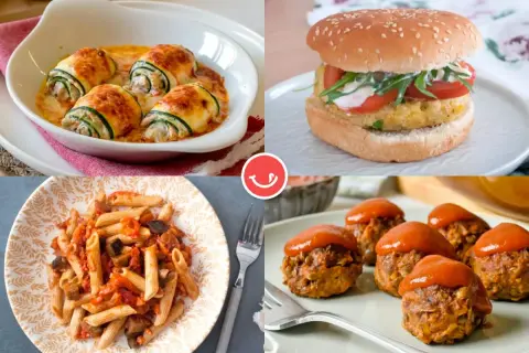 Un plato del buen comer para niños: rollitos de calabacín, hamburguesa, pasta con verduras y albóndigas.