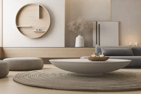 Een serene woonkamer met zachte verlichting en natuurlijke materialen. De ronde wanddecoratie en het vloerkleed creëren een rustige ambiance, een ander woord voor sfeer.