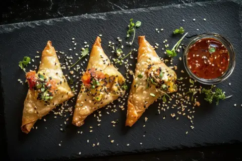 Trois samoussas dorés garnis de graines de sésame et de pousses, servis avec une sauce épicée. Une recette samoussa qui met l'eau à la bouche !