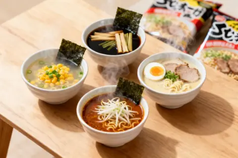 Fyra skålar med ångande nudlar, olika toppingar och nori. Ett perfekt nudlar recept för en snabb och god måltid.