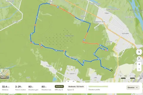 Trasy MTB Warszawa: mapa 32,4 km pętli przez lasy Siera-kowa i okolic. Trasa umiarkowana, 2h 29m w ruchu.