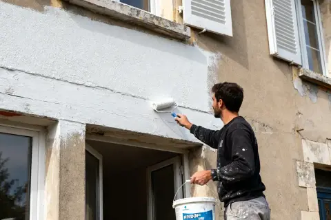 Un homme applique une peinture blanche sur un crépi extérieur à l'aide d'un rouleau.