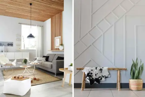 Idées pour comment habiller un mur avec des tasseaux : un plafond en bois et un mur décoratif géométrique.
