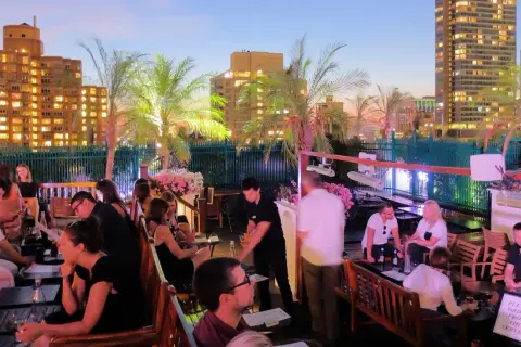 Un rooftop bar a New York City, con persone che si godono la vita notturna tra palme e luci della città.